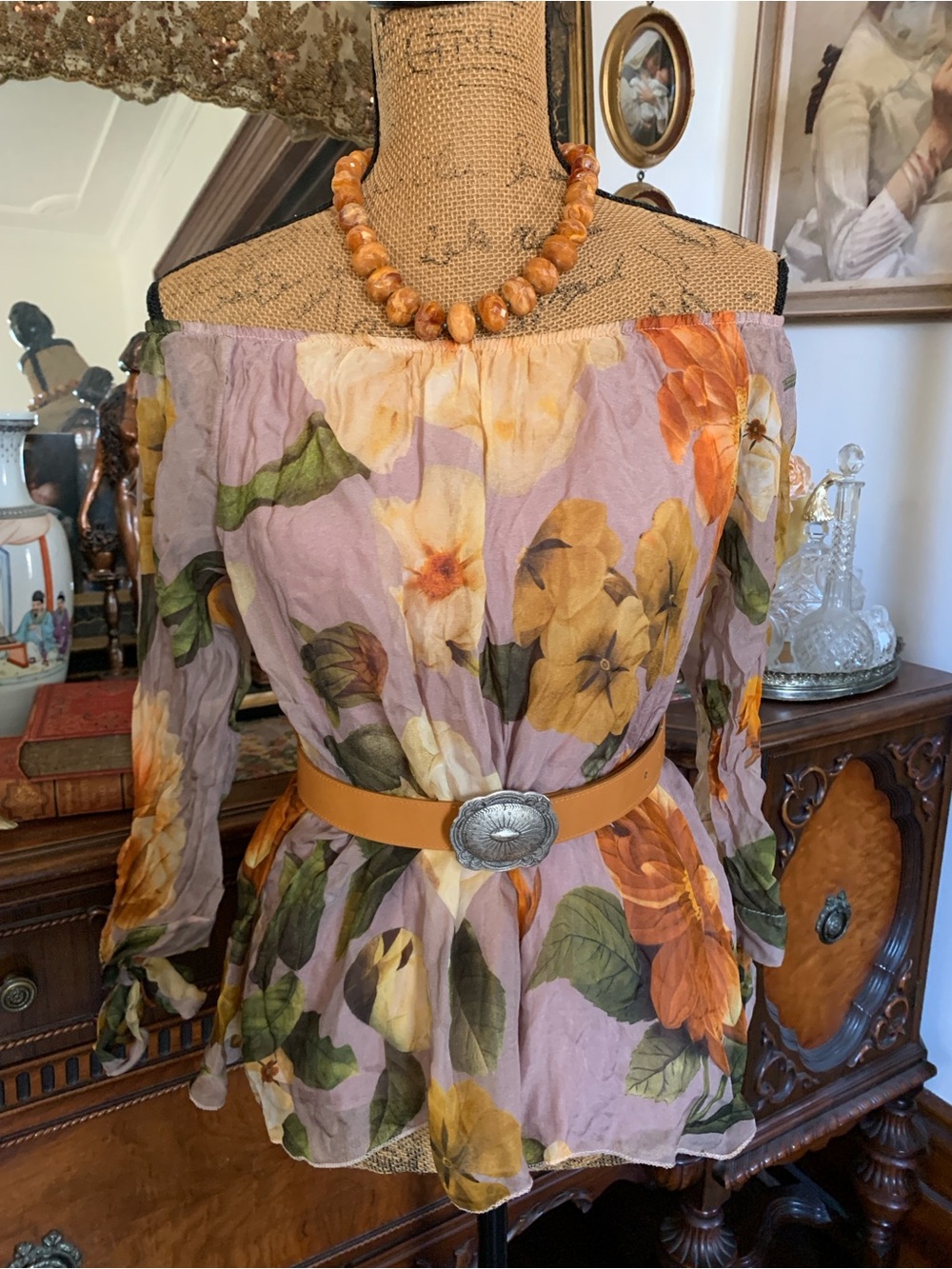 Vintage Boho Romance Italian Silk-Mix Autum Fall Floral Print Blouse Top Shirt